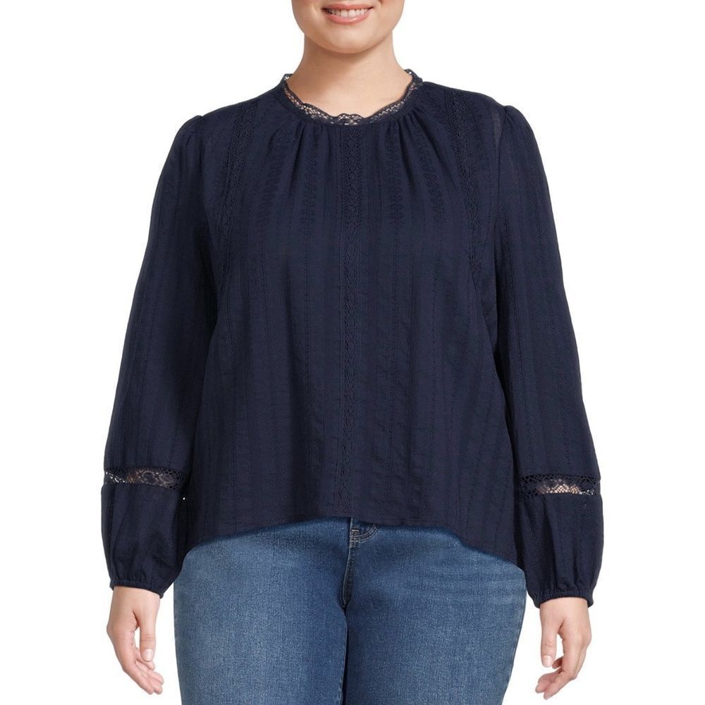 Cottagecore Blouse Navy Blue High Neck Elegant Crochet Lace Accents size 16-18